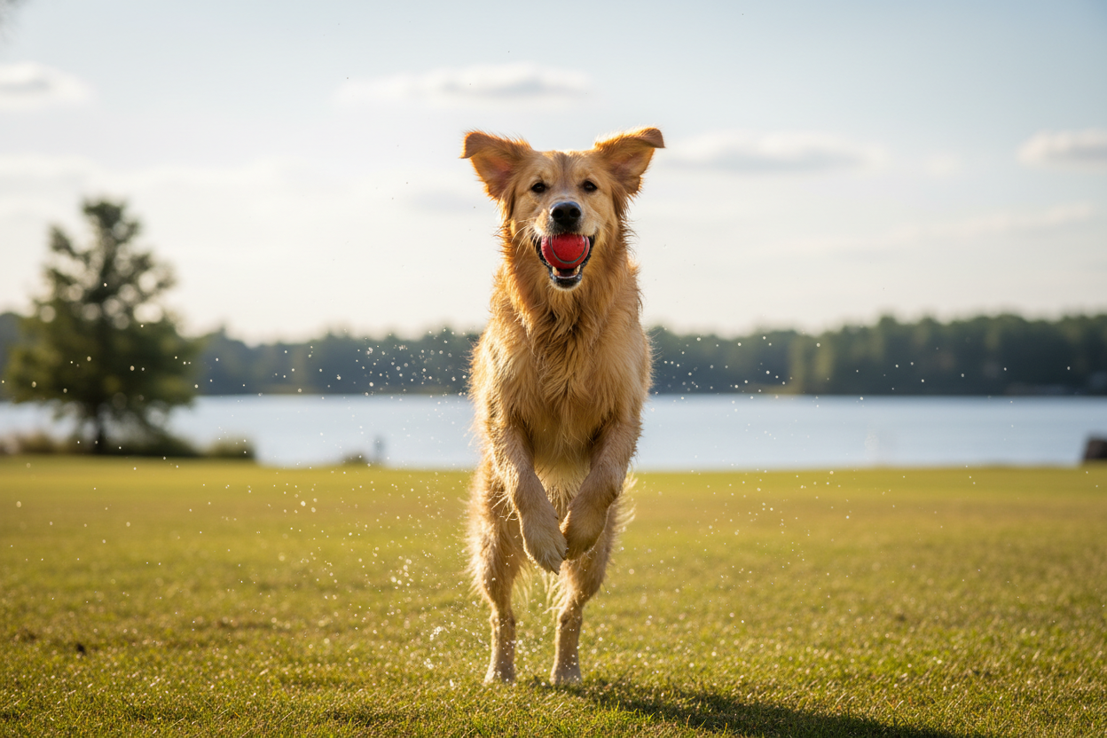 Dog jumping happily with ball in his mouth 