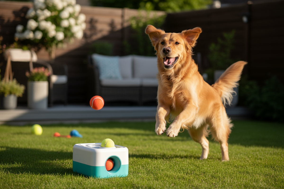 Happy dog playing with mini ball launcher